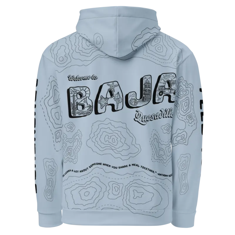 Pale blue Baja Quesadilla hoodie with an all-over topographic pattern