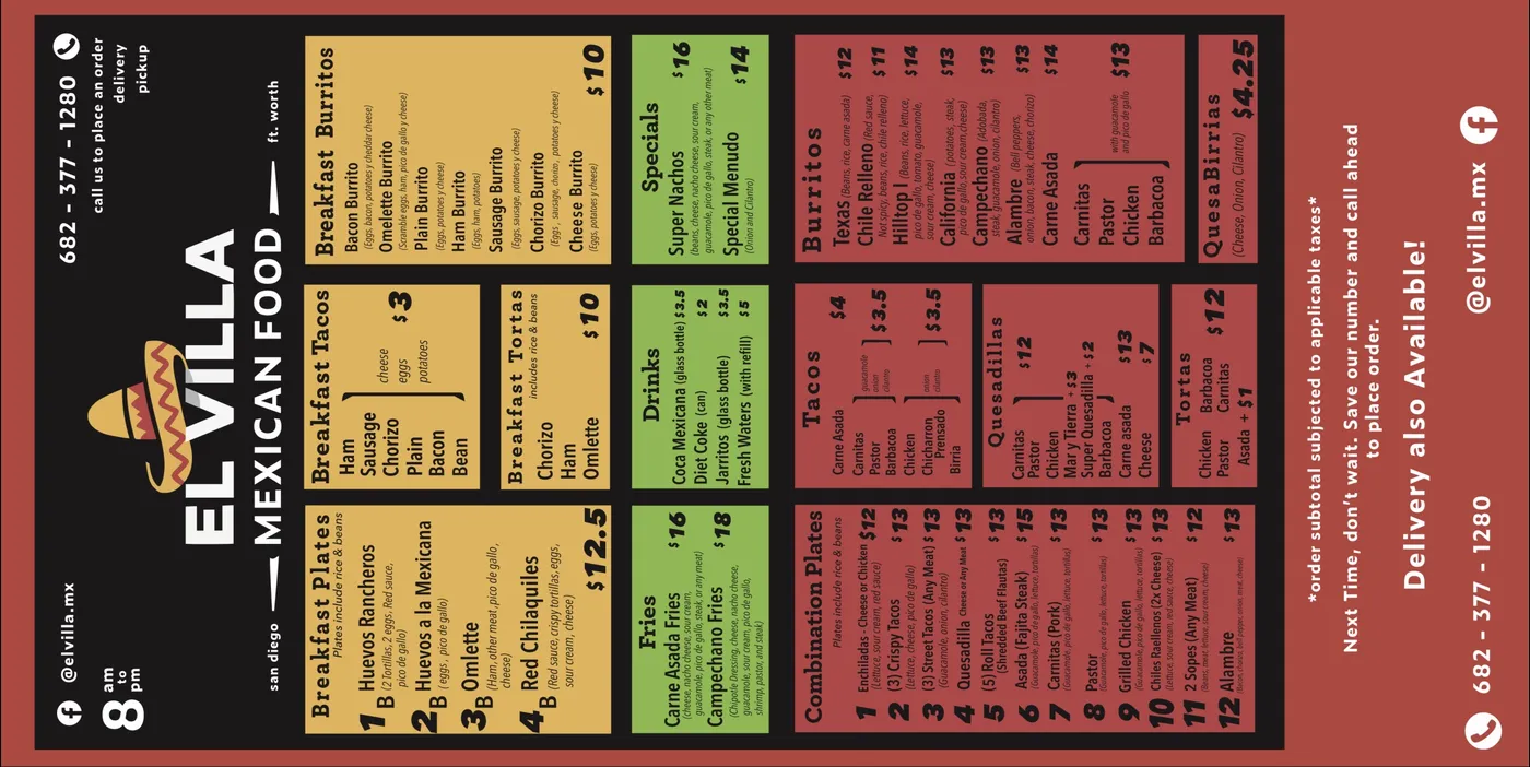 El Villa Mexican Food fold-out menu in red, yellow and green panels