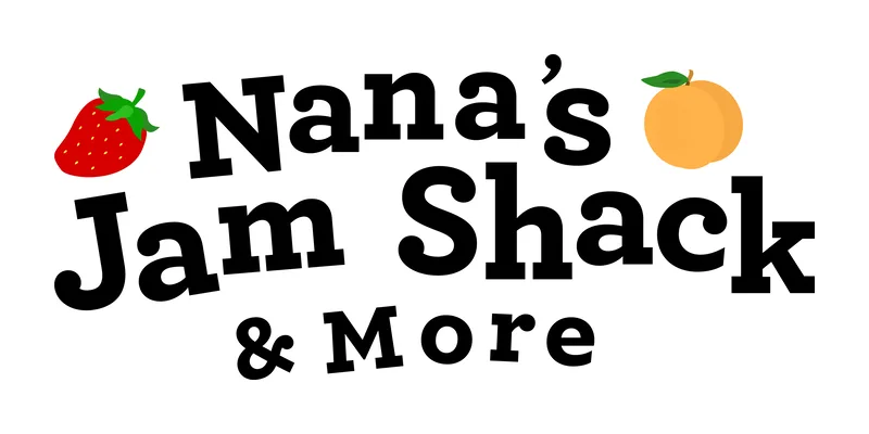 Nana’s Jam Shack & More wordmark with a strawberry and a peach