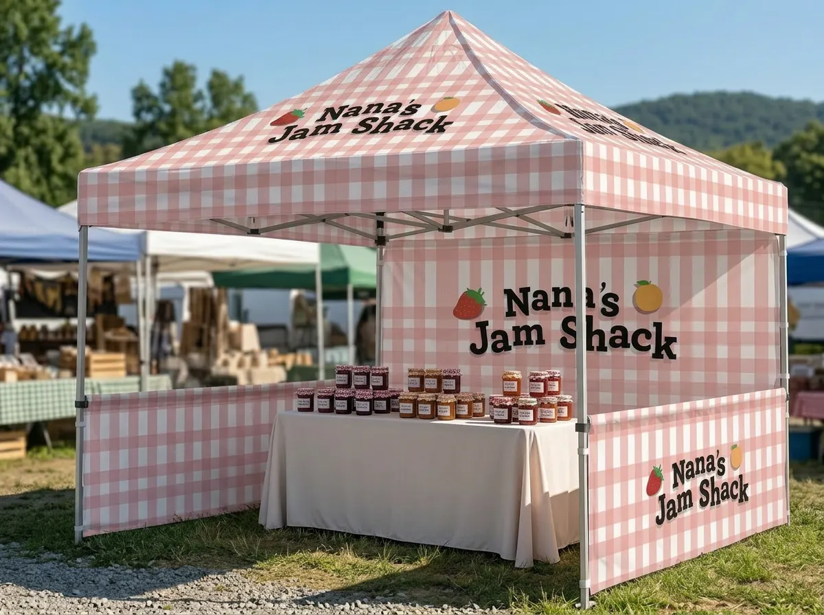 Pink gingham Nana’s Jam Shack market tent with jars of jam on the table