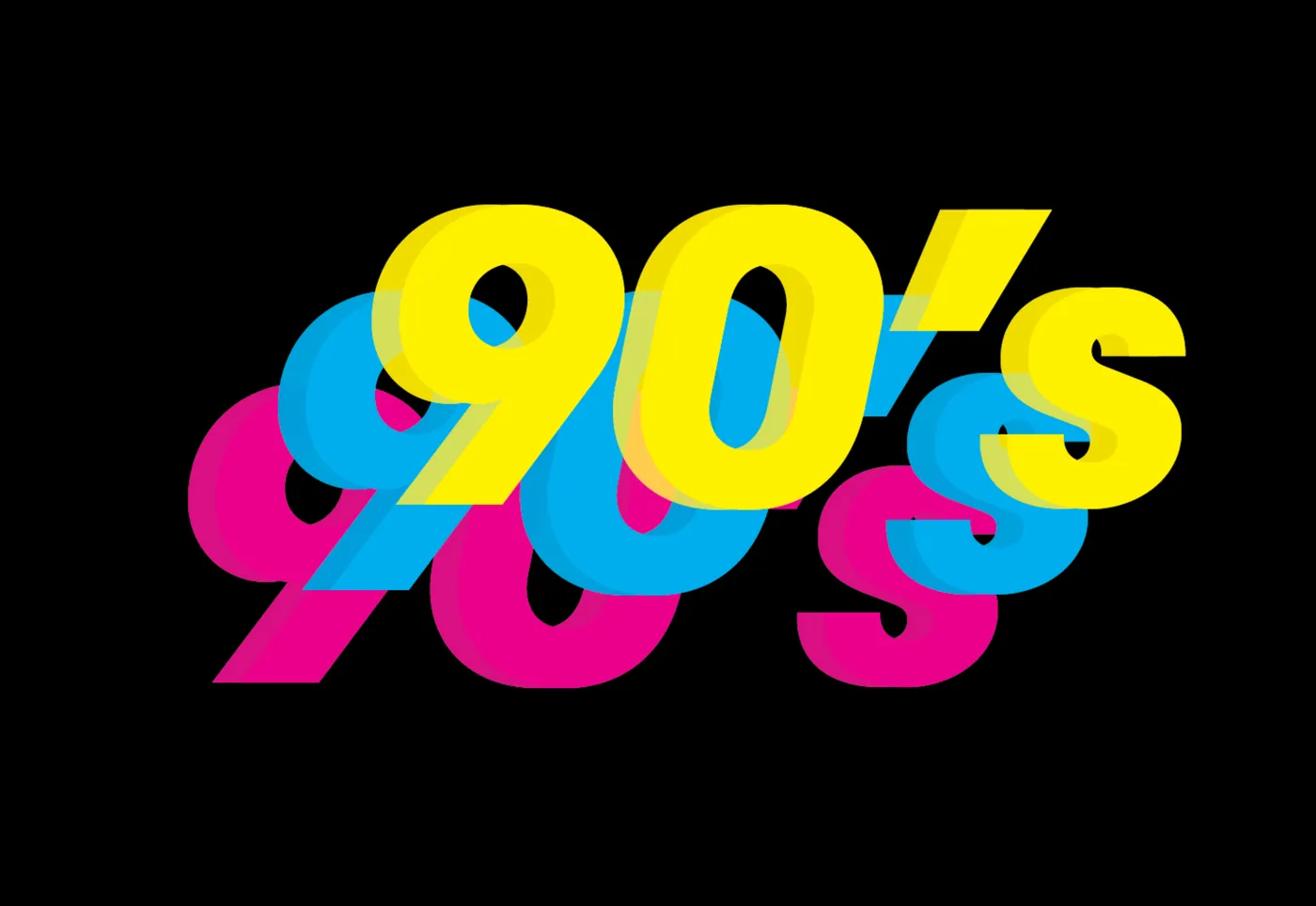 90s BBQ logo: layered yellow, blue, and pink “90’s” lettering on black