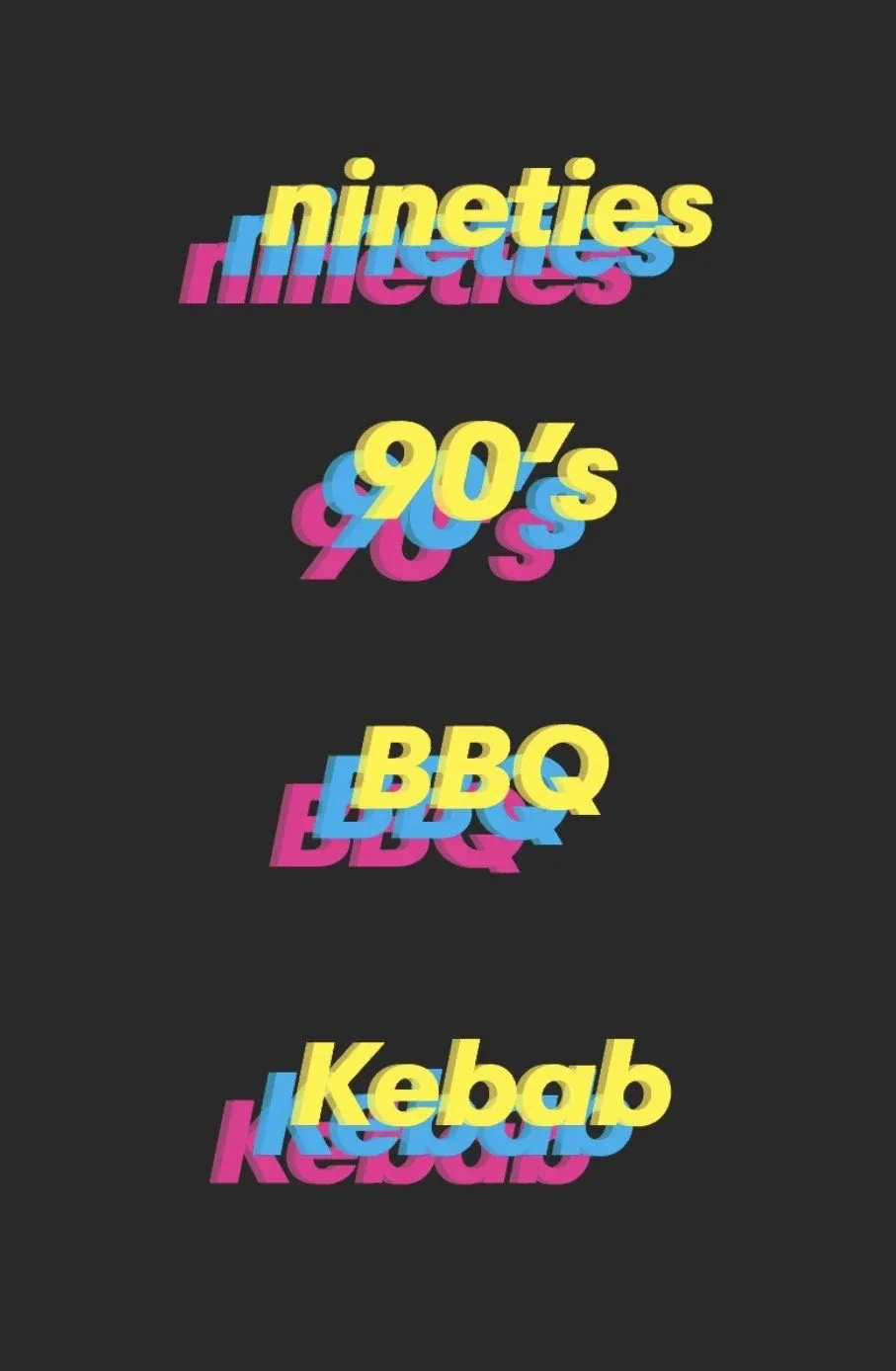 90s BBQ wordmark set: nineties, 90’s, BBQ, and Kebab in the same layered style