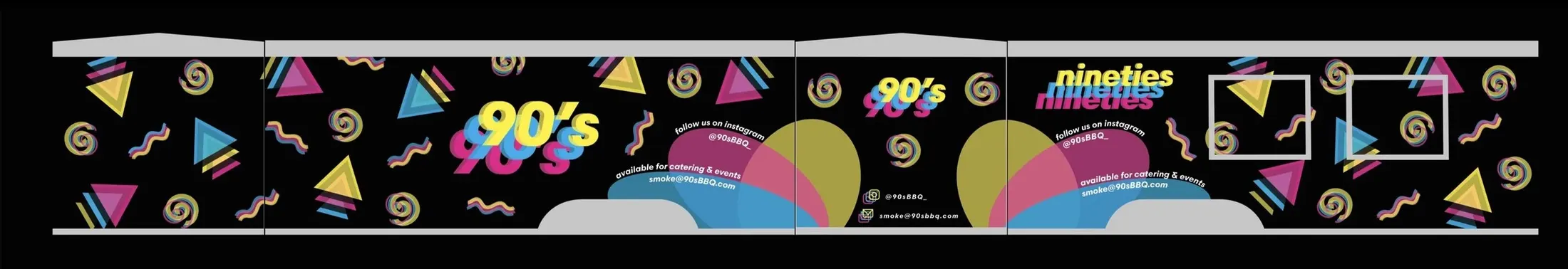 Flat layout of the 90s BBQ wrap with retro shapes and squiggles on black