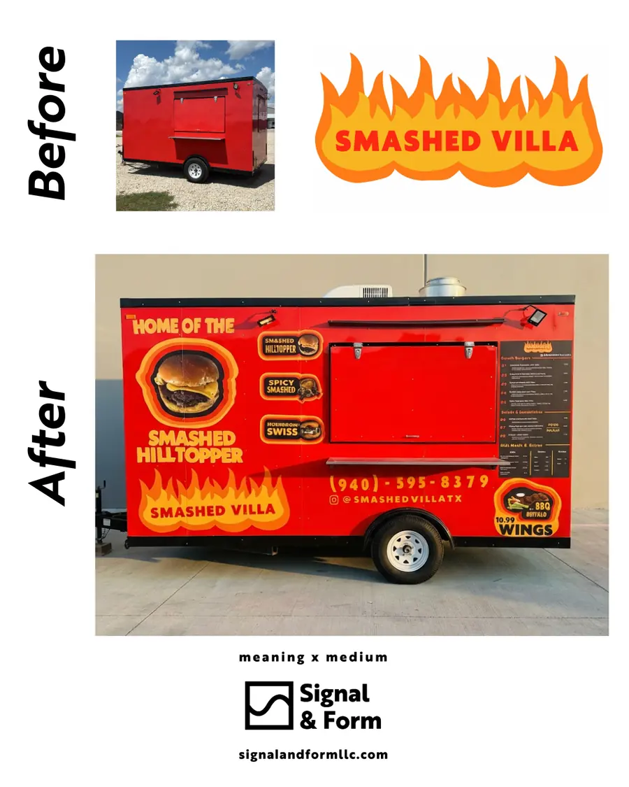 Smashed Villa food trailer shown before and after its new signage
