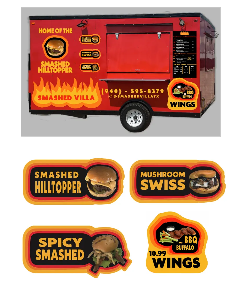 Smashed Villa red food trailer with menu panels and signage