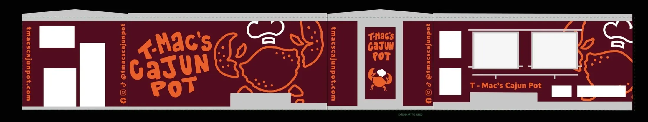 Flat layout of the T-Mac’s Cajun Pot trailer wrap with crab illustration