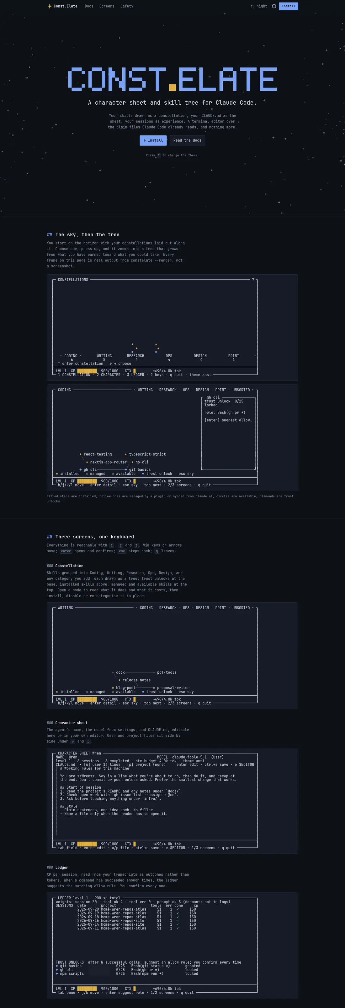 Const.Elate website with its blue pixel wordmark and star field
