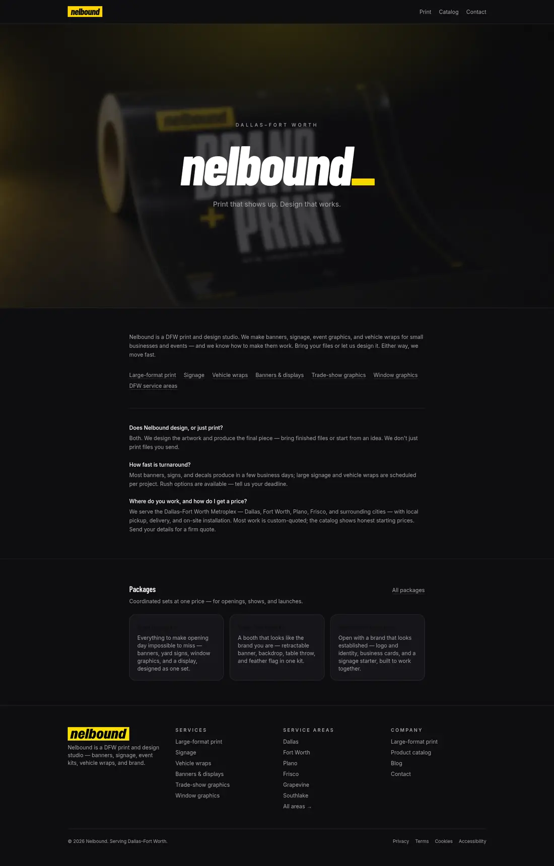 Nelbound print and signage website with its yellow wordmark