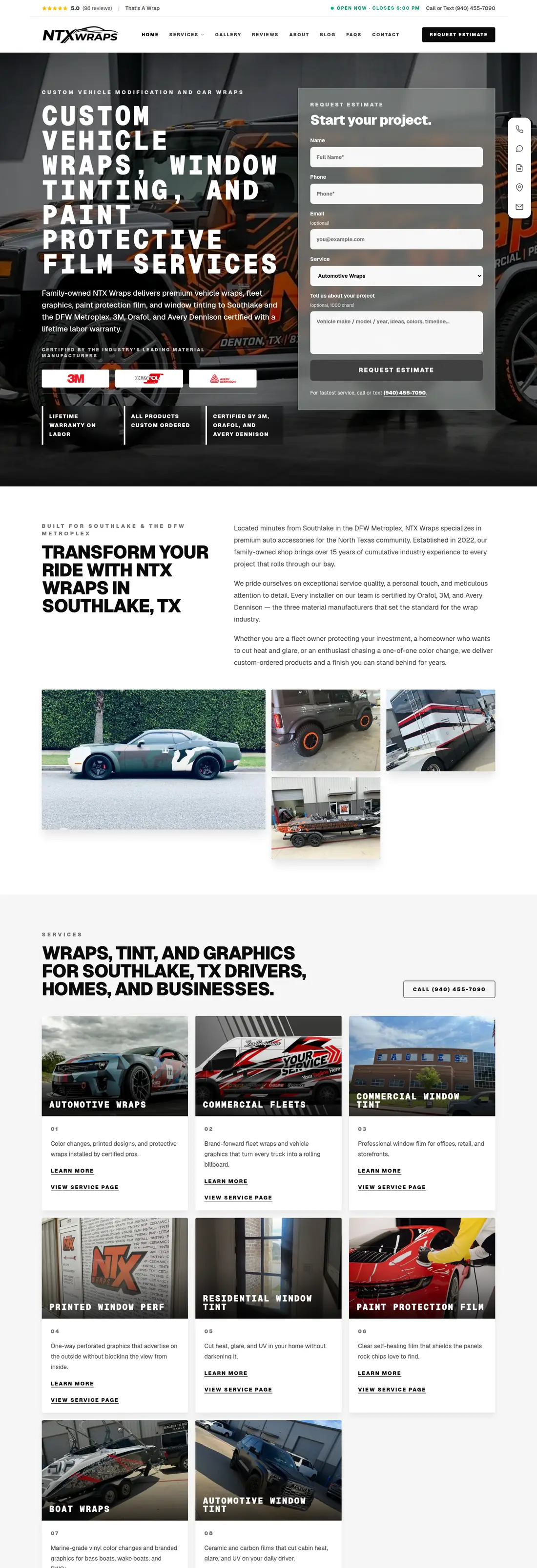 NTX Wraps custom website featuring wrap services and an estimate request form