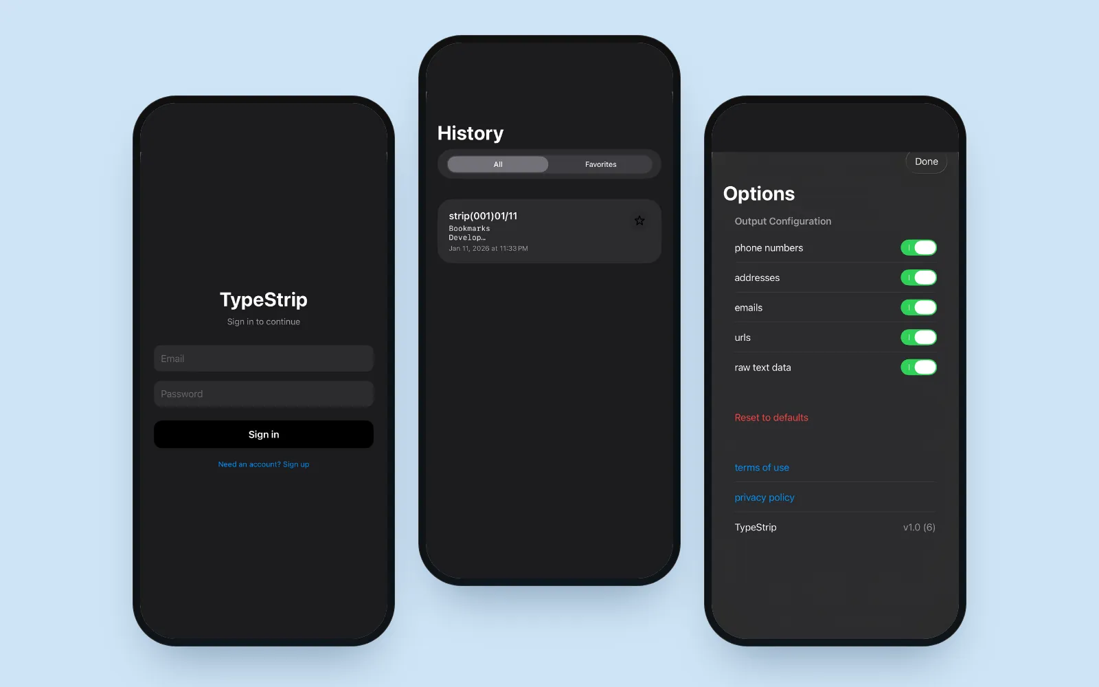 Three TypeStrip iPhone screens: sign in, scan history, and output options
